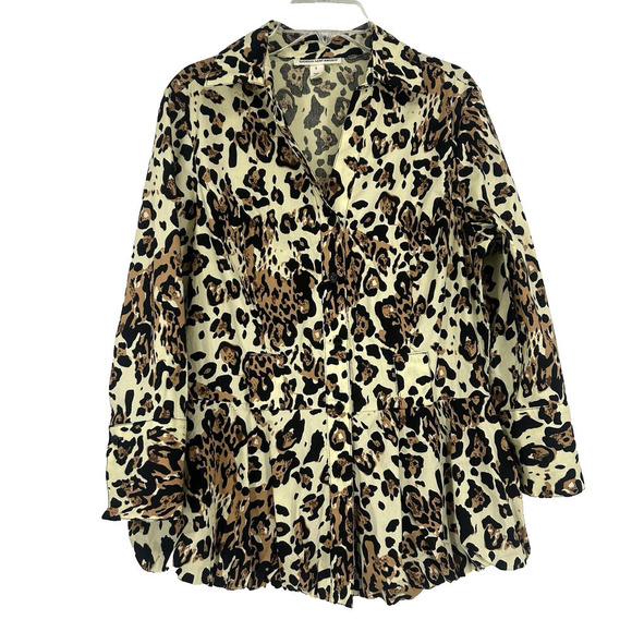 Giorgio Saint Angelo Womens Leopard Print Peplum Top Button Up Bubble Hem Size S - Picture 1 of 11